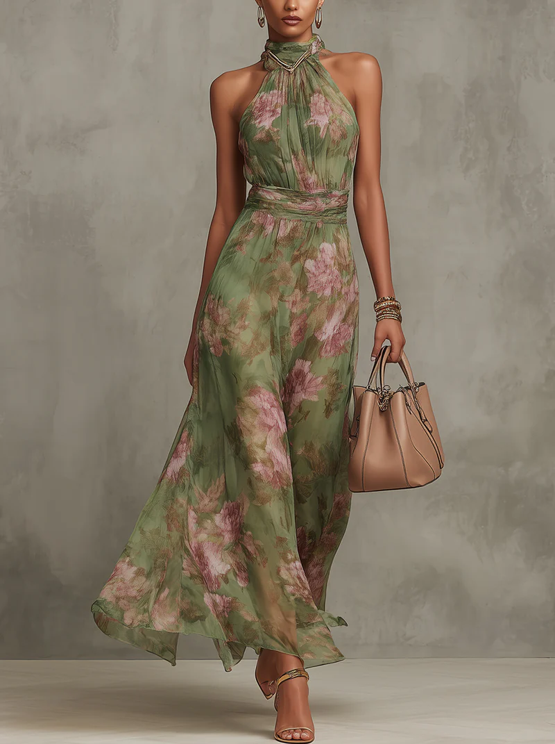 Livia | Elegancka Sukienka Maxi Halter w Kwiaty